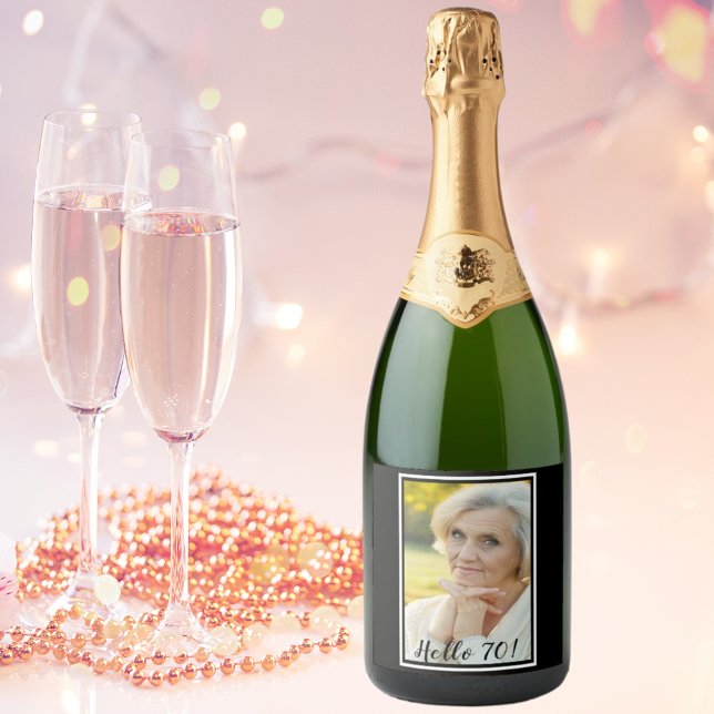 70th birthday photo black white women wine label (Creator Uploaded)