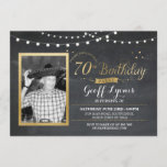 70th Birthday Photo Chalk Rustic Gold Invitation<br><div class="desc">70th Birthday - Add your photo to this vintage style chalk invite. Add any age. Back print included.</div>