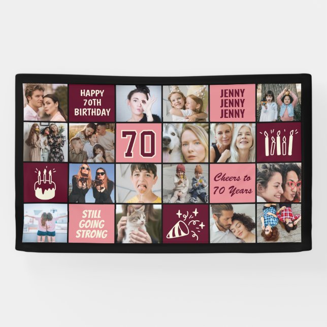 70th Birthday Photo Collage Custom Black Burgundy Banner (Horizontal)