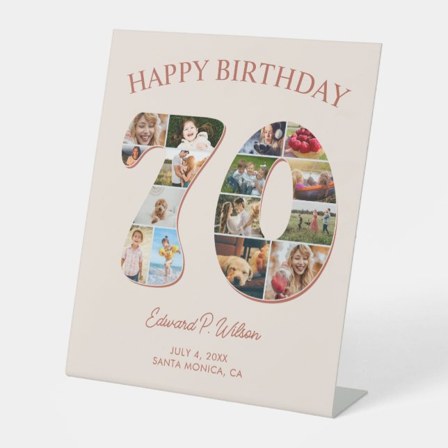 70th Birthday Photo Collage Elegant and Timeless Pedestal Sign (Front)
