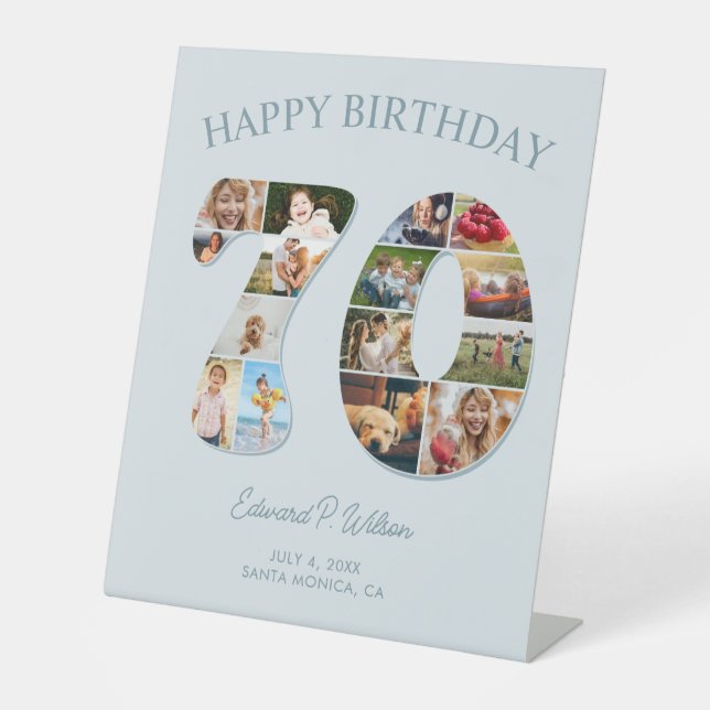 70th Birthday Photo Collage Elegant and Timeless Pedestal Sign (Front)