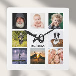 70th birthday photo collage guy square wall clock<br><div class="desc">A wall clock as a gift for a 70th birthday for a guy,  celebrating his life with a collage of 8 of your own photos.  Templates for a name,  age 70 and a date.  Date of birth or the date of the anniversary.  Black coloured letters.  White background.</div>