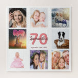 70th birthday photo collage woman white jigsaw puzzle<br><div class="desc">A gift for a woman's 70th birthday,  celebrating her life with a collage of 8 of your photos.  Templates for a name,  age 70 and a date.  Date of birth or the date of the anniversary.  Coral and burgundy colored letters.  White background.</div>