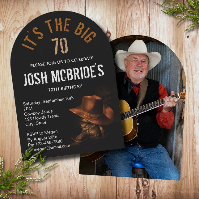 70th Birthday Photo Cowboy Hat Boots Masculine Invitation (Creator Uploaded)