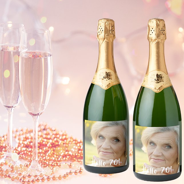 70th birthday photo hello 70 women sparkling wine label (Creator Uploaded)