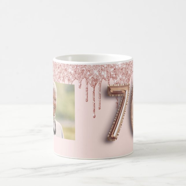 70th birthday photo rose gold glitter pink balloon coffee mug (Center)