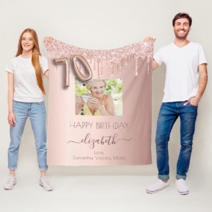 70th birthday photo rose gold glitter pink friends fleece blanket