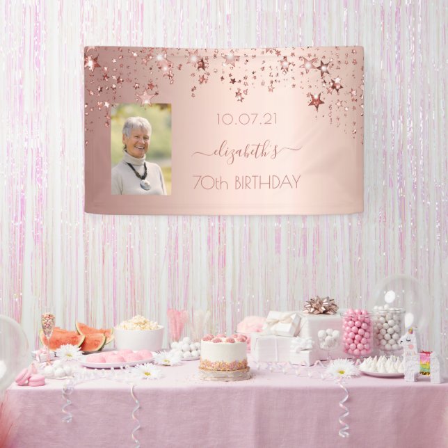 70th birthday photo rose gold pink glittery stars banner (Party)