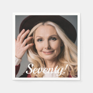 70th birthday photo script woman text napkin