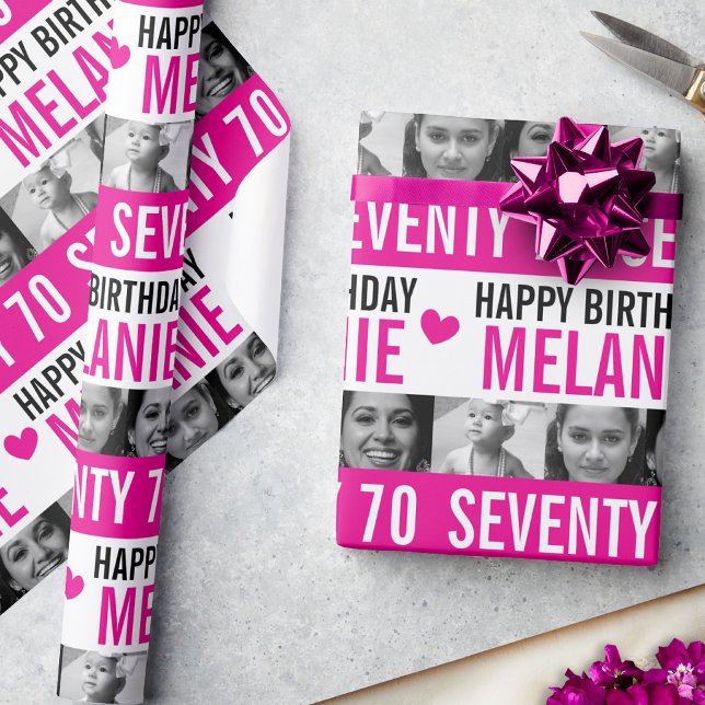 70th birthday photos pink black white stripe wrapping paper (Creator Uploaded)