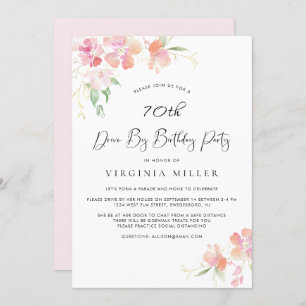 70th Birthday Pink and Gold Floral Drive By Party Invitation