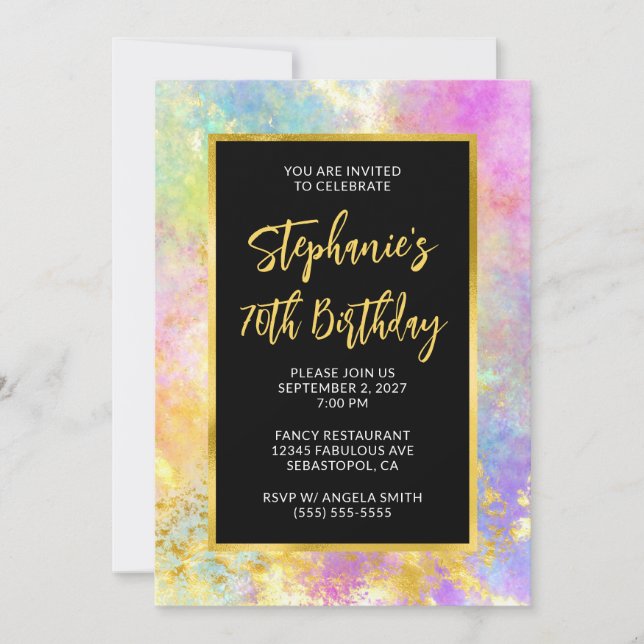 70th Birthday Pink and Gold Glam Fire Opal Invitation (Front)