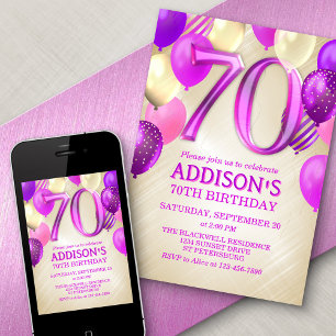 70th Birthday Pink Balloons Invitation