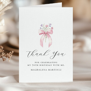 70th Birthday Pink Bow Wildflower Folded Thank You Card