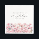 70th Birthday Pink Carnation January Birth Flower Napkin<br><div class="desc">Perfect table decor for a January birthday party. Carnation is the birth flower for that month. It forms a pretty watercolor floral bottom border on this festive personalised napkin. The birthday celebrant's name,  age and birthdate are placed above it using elegant calligraphy and typography. All text is editable.</div>