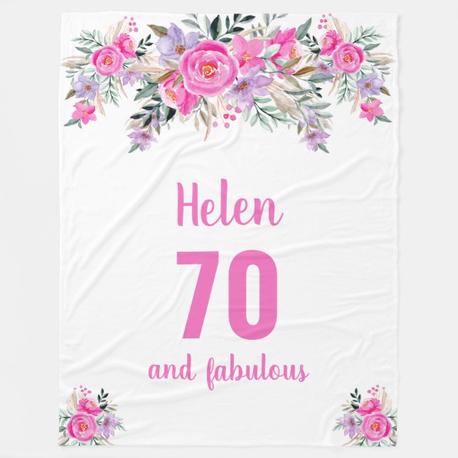 70th birthday pink floral fleece blanket (Front)