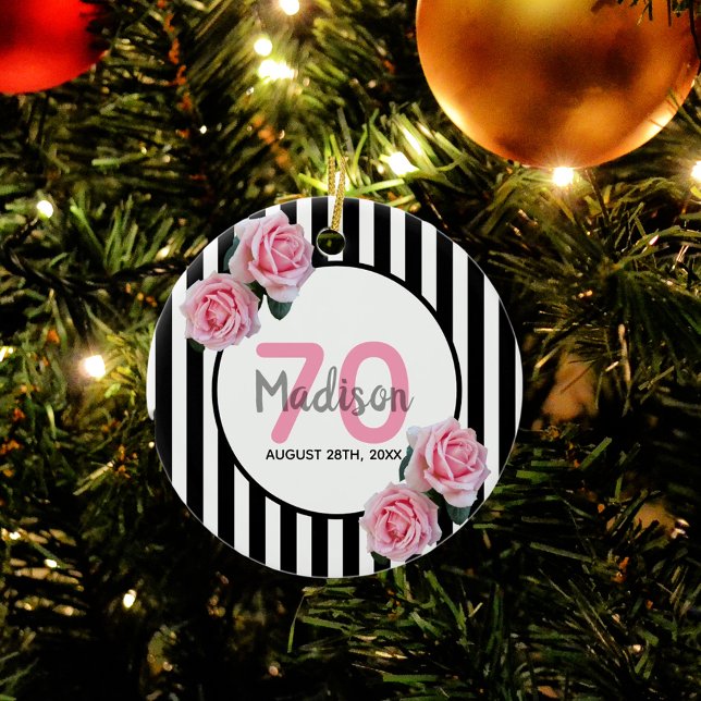 70th birthday pink florals black stripes name ceramic ornament (Creator Uploaded)