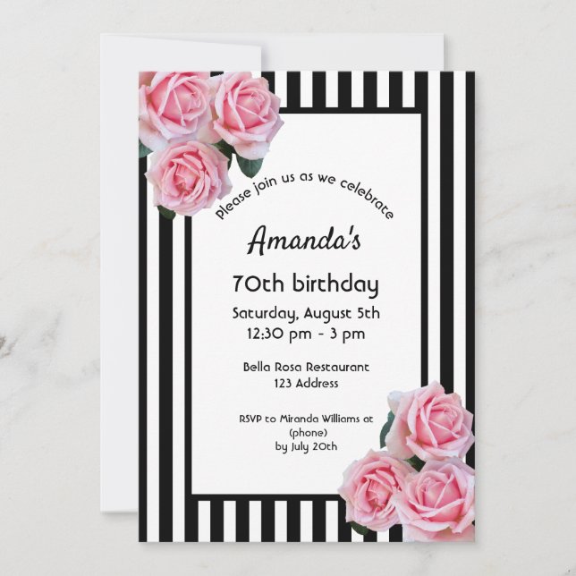 70th birthday pink florals on black white stripes invitation (Front)