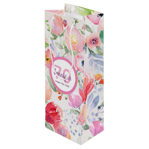 70th birthday pink flowers pastel bohemian style wine gift bag