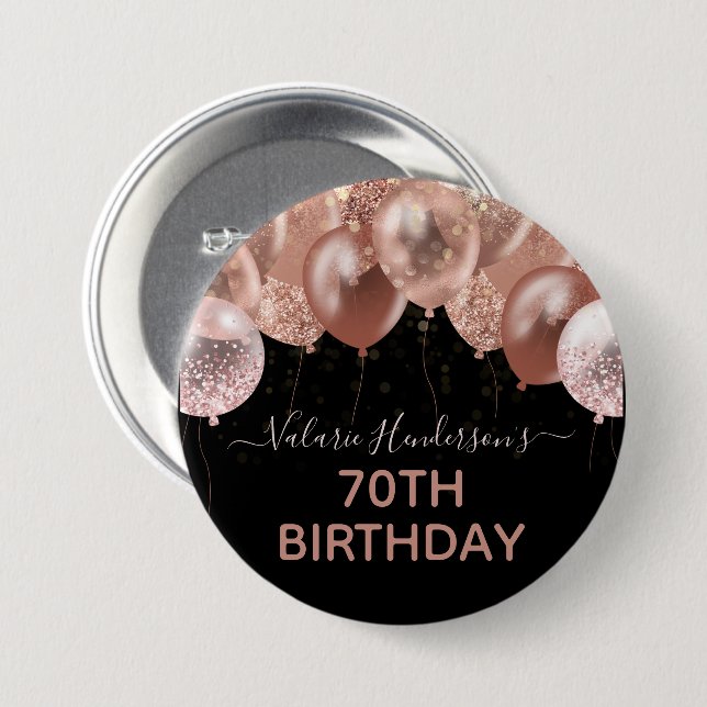 70th Birthday Pink Glitter Balloons 7.5 Cm Round Badge (Front & Back)