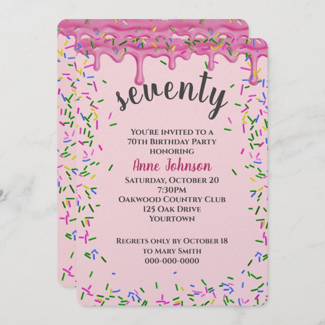 70th Birthday Pink Icing And Sprinkles Invitation (Front/Back)
