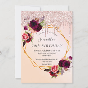 70th birthday pink peach burgundy florals drips invitation