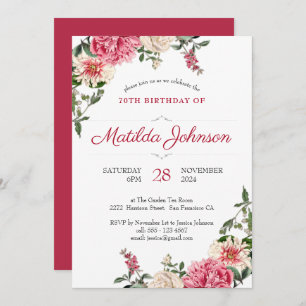 70th Birthday Pink Red Floral Botanical Elegant Invitation