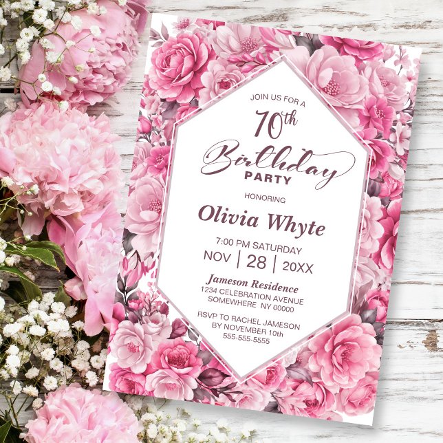 70th Birthday Pink Rose Floral Party Invitation (Creator Uploaded)