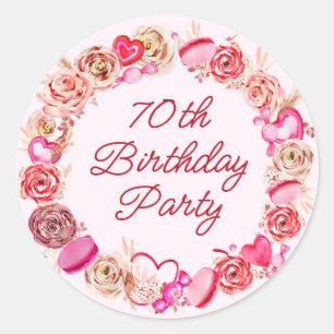 70th Birthday Pink Rose Swirly Heart Envelope Classic Round Sticker