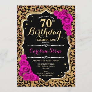 70th Birthday - Pink Roses Leopard Print Invitation