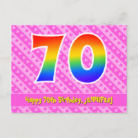 70th Birthday: Pink Stripes & Hearts, Rainbow 70