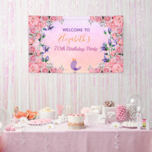 70th birthday pink violet garden florals cute bird banner