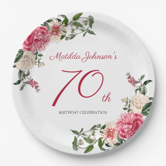 70th Birthday Pink White Elegant Floral Botanical  Paper Plate (Front)