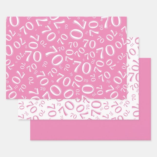 70th Birthday Pink & White Number Pattern 70 Wrapping Paper Sheet (Set)