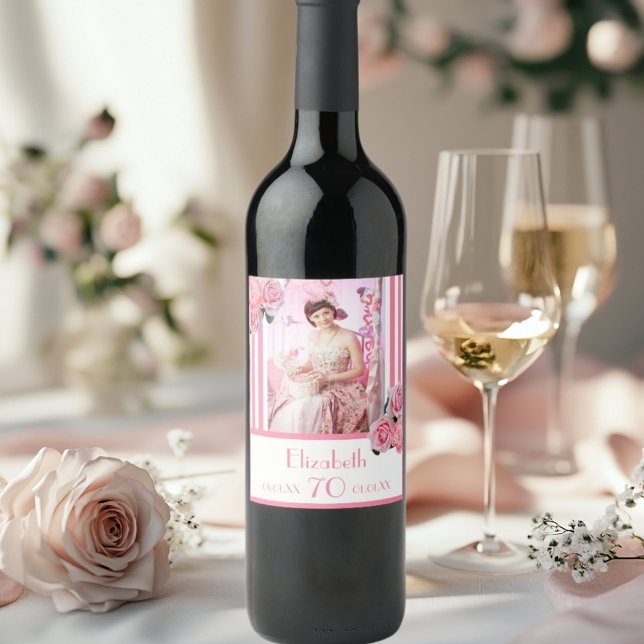 70th birthday pink white stripes floral name photo wine label (Creator Uploaded)