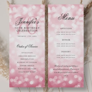 70th Birthday Program Blush Pink Bokeh Menu