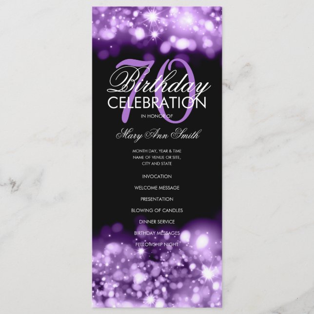 70th Birthday Program Glam Lights Purple Menu (Front)