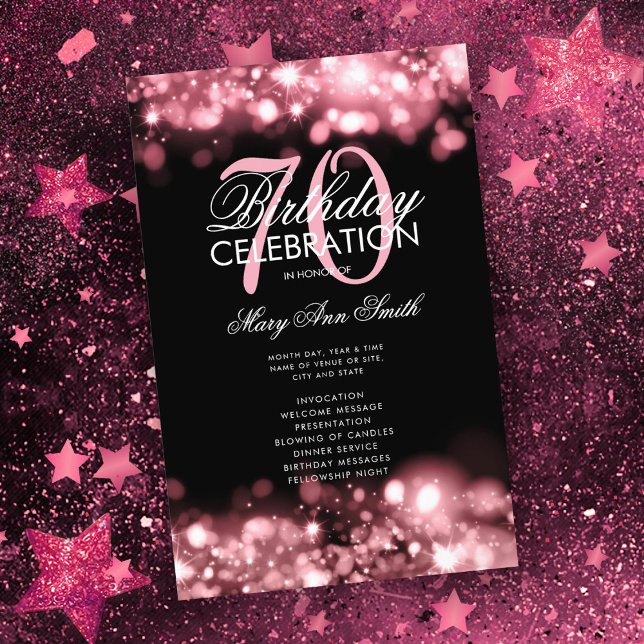 70th Birthday Program Glam Lights Rose Gold  Menu (Creator Uploaded)