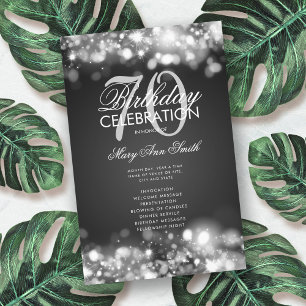 70th Birthday Program Glam Lights Silver Menu