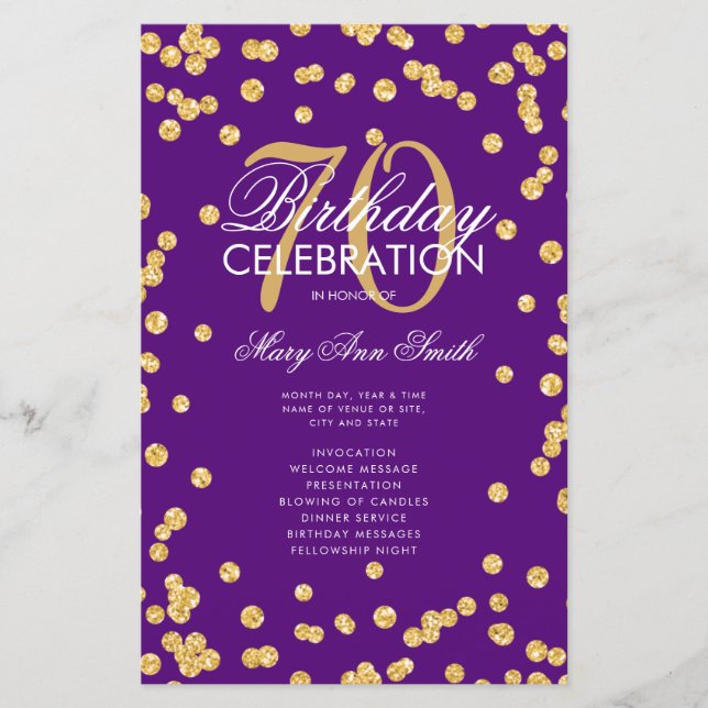 70th Birthday Program Gold Purple Glitter w/ Menu (Front)
