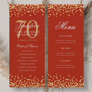 70th Birthday Program Gold Red Confetti Menu