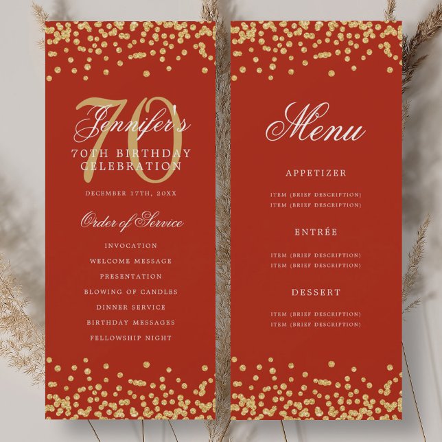 70th Birthday Program Gold Red Confetti Menu (70th Birthday Program Gold Red Confetti Menu)