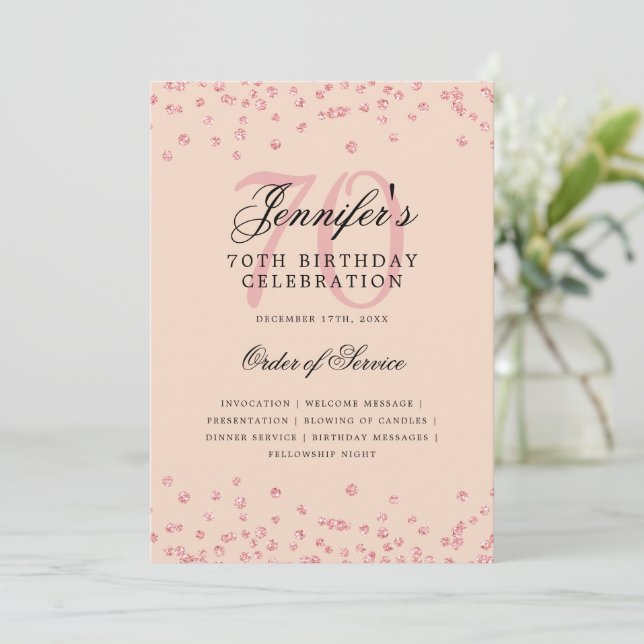 70th Birthday Program Menu Rose Gold Blush  (Standing Front)