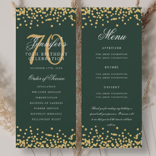 70th Birthday Program Menu Thank You Gold Green