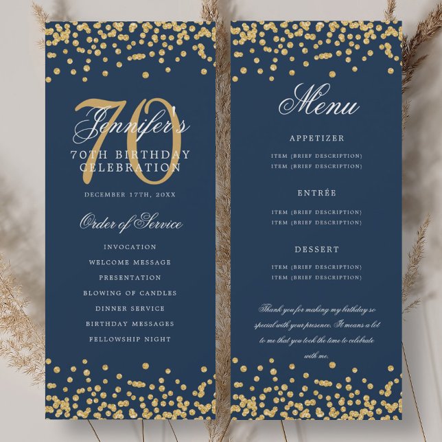 70th Birthday Program Menu Thank You Gold Navy  (70th Birthday Program Menu Thank You Gold Navy)
