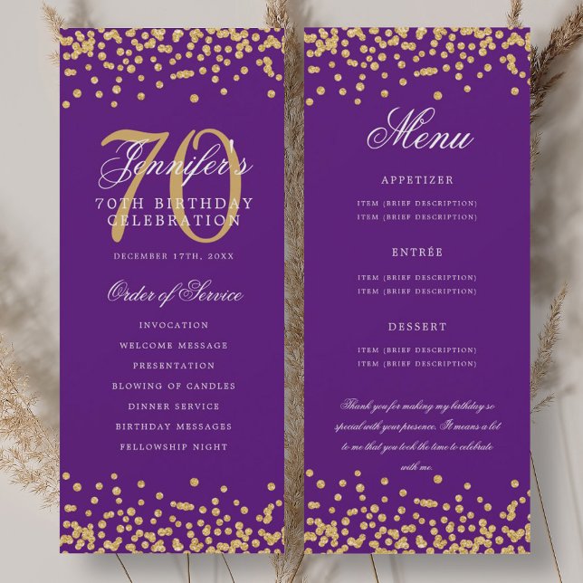 70th Birthday Program Menu Thank You Gold Purple  (70th Birthday Program Menu Thank You Gold Purple )