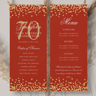 70th Birthday Program Menu Thank You Gold Red