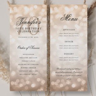 70th Birthday Program Rose Gold Bokeh Menu