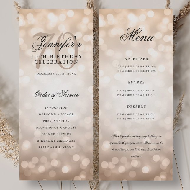 70th Birthday Program Rose Gold Bokeh Menu (70th Birthday Program Rose Gold Bokeh Menu)
