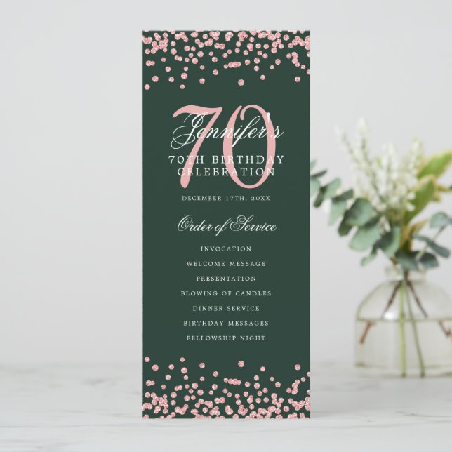 70th Birthday Program Rose Gold Confetti Green  (Standing Front)